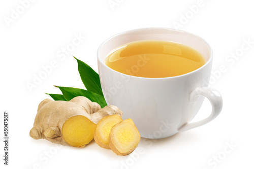Cup of ginger tea with ginger slice and leaves isolated on white background.