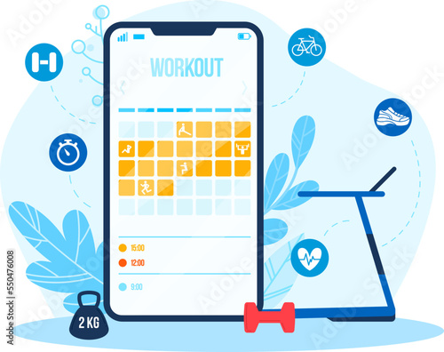 Fitness workout smartphone app, sport training plan at application, mobile screen, vector illustration. Exercise design at flat infographic interface