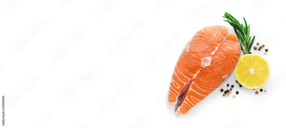 Fresh raw salmon steak with rosemary, peppercorns and lemon on white background, top view. Banner design Fresh raw salmon steak with rosemary, peppercorns and lemon on white background, top view. Banner design