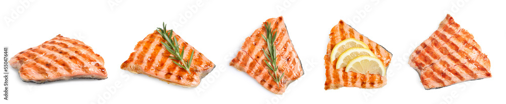 Set with tasty grilled salmon on white background Set with tasty grilled salmon on white background