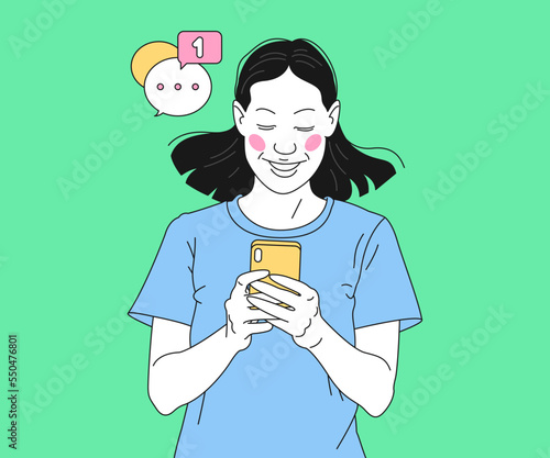 Beautiful young women Looking on Smartphones and Chatting. Female Characters collection. vector illustrations. (ID: 550476801)