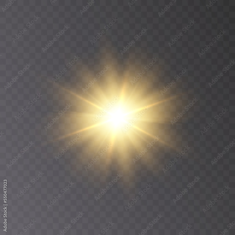 The effect of bright sunlight. Twinkling golden star isolated on transparent background.