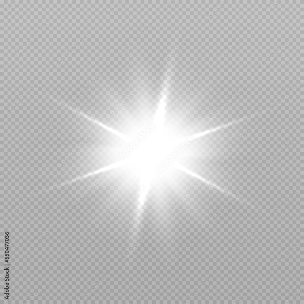 Bright white light effect. Bright sun on transparent background for Christmas and New Year design.