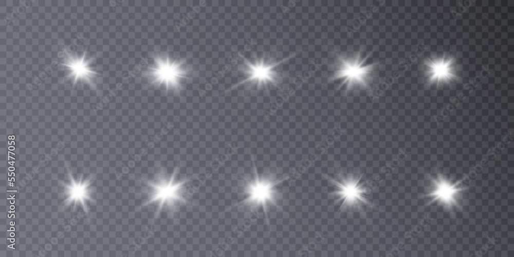 Set of bright white light effects. Bright sun on transparent background for Christmas and New Year design. Set of bright white light effects. Bright sun on transparent background for Christmas and New Year design.