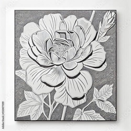 Lino cut Black and White Flowers Graphic design Ink illustration Grey scale hydrangea with Leafs and Forest