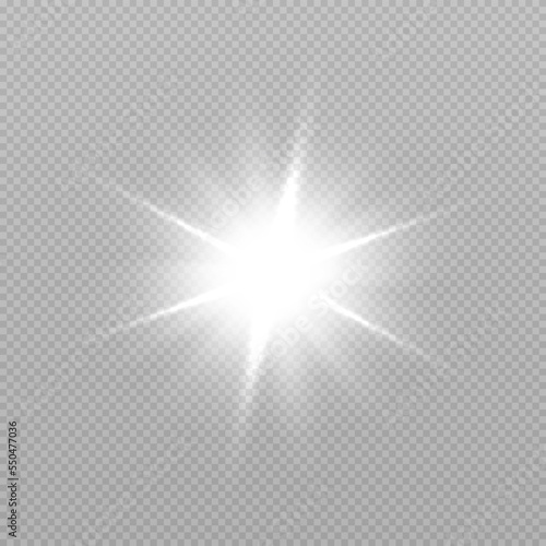 Bright white light effect. Bright sun on transparent background for Christmas and New Year design.