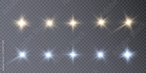 Set of shining golden stars isolated on transparent background. Effects, glare, lines, glitter, explosion, golden light. vector PNG for design and illustrations