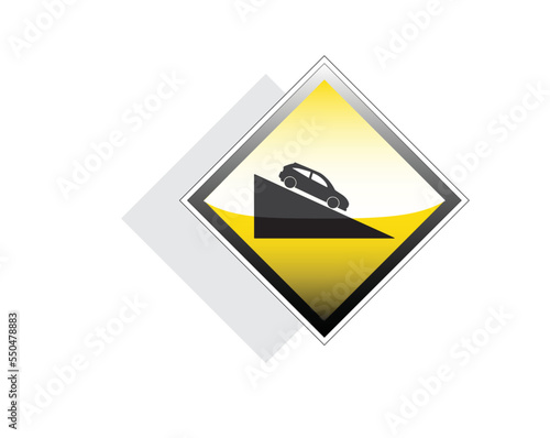 vector design of a traffic sign or symbol in the form of a yellow and black circle indicating that ahead there is a descent for passing vehicles