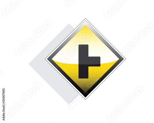 vector design of a yellow and black circular traffic sign or symbol indicating a right-hand triple intersection with priority photo