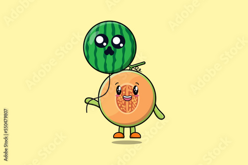 Cute cartoon Melon floating with watermelon balloon in flat cartoon vector icon illustration