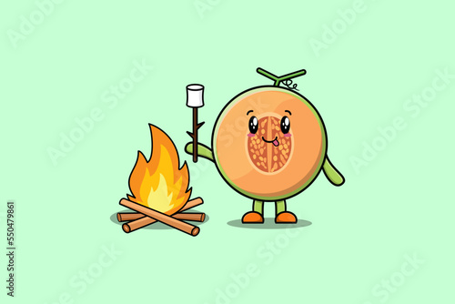 Cute cartoon Melon character is burning marshmallow
