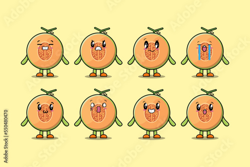 Set kawaii Melon cartoon character with different expressions cartoon face vector illustrations