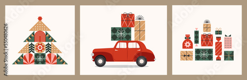Set of Christmas banners in geometric style. A stylized Christmas tree, a red festive car with gifts and a set of various gift boxes.