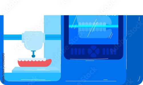 Medical tooth orthodontic instrument, orthodontist machine with lamp vector illustration. Flat jaw for patient, health drill care work.