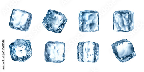 3d render, ice cubes collection, clip art isolated on white background. Frozen water assorted shapes.