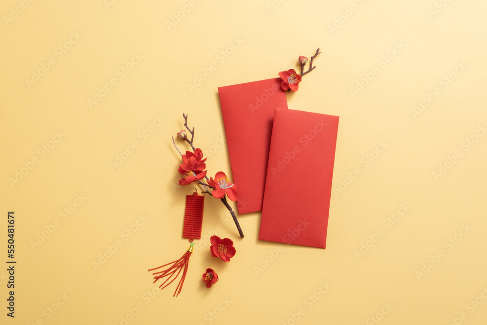 Chinese New year background with lucky money and Blossom. Empty space for  design. Design lucky money. Photos | Adobe Stock