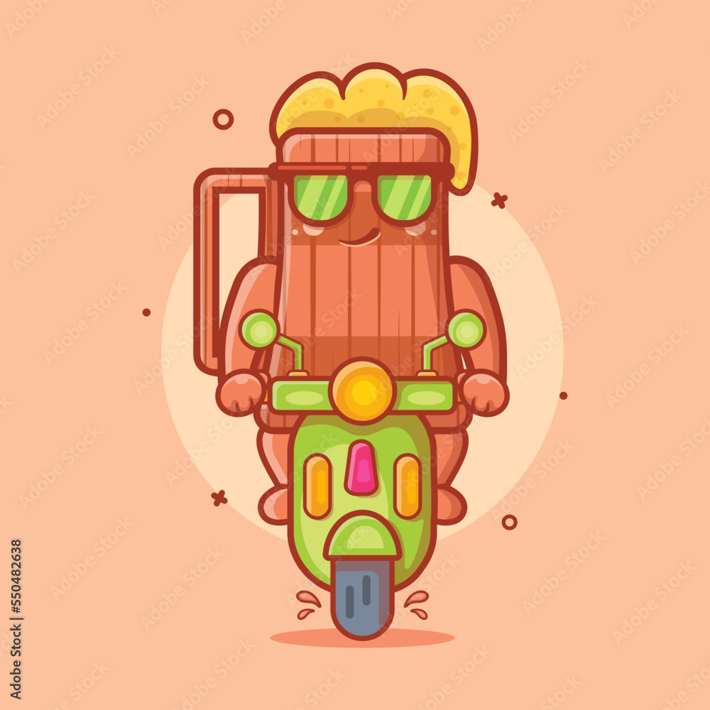 cool beer wooden tankard character mascot riding scooter motorcycle isolated cartoon in flat style design cool beer wooden tankard character mascot riding scooter motorcycle isolated cartoon in flat style design