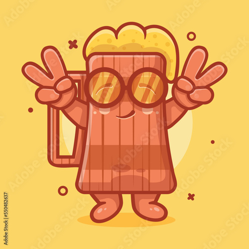 cute beer wooden tankard character mascot with peace sign hand gesture isolated cartoon in flat style design