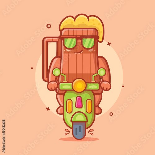 cool beer wooden tankard character mascot riding scooter motorcycle isolated cartoon in flat style design