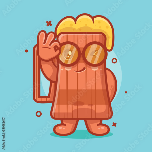 funny beer wooden tankard character mascot with ok sign hand gesture isolated cartoon in flat style design