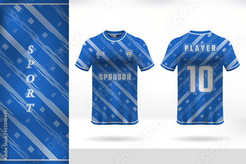 Jersey template design for sports uniforms with blue and white color combinations 