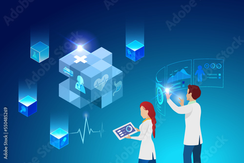 Medical cybernetics concept. Doctor team analyzing medical big data in block chain technology system. Artificial intelligence in medical and healthcare business futuristic service. 3D vector.