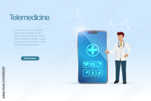 Doctor with medical mobile app, online consultation, tele medicine to give patient advise in health and sickness. Medical and health care innovation technology