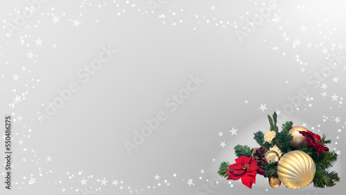 クリスマスデコレーション・キラキラ・オーナメント・もみの木・雪景色・星の輝く銀の背景