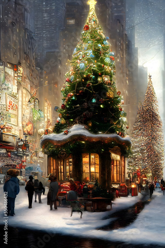 Christmas tree in the city, Christmas Background for Decoration, Made by AI
