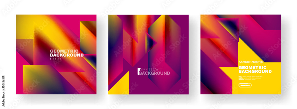 Vector set of abstract geometric poster backgrounds, colorful shapes with fluid colors. Collection of covers, templates, flyers, placards, brochures, banners