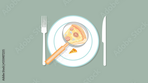 Illustration of magnifying glass hovering over a tiny slice of pizza on a plate with knife and fork