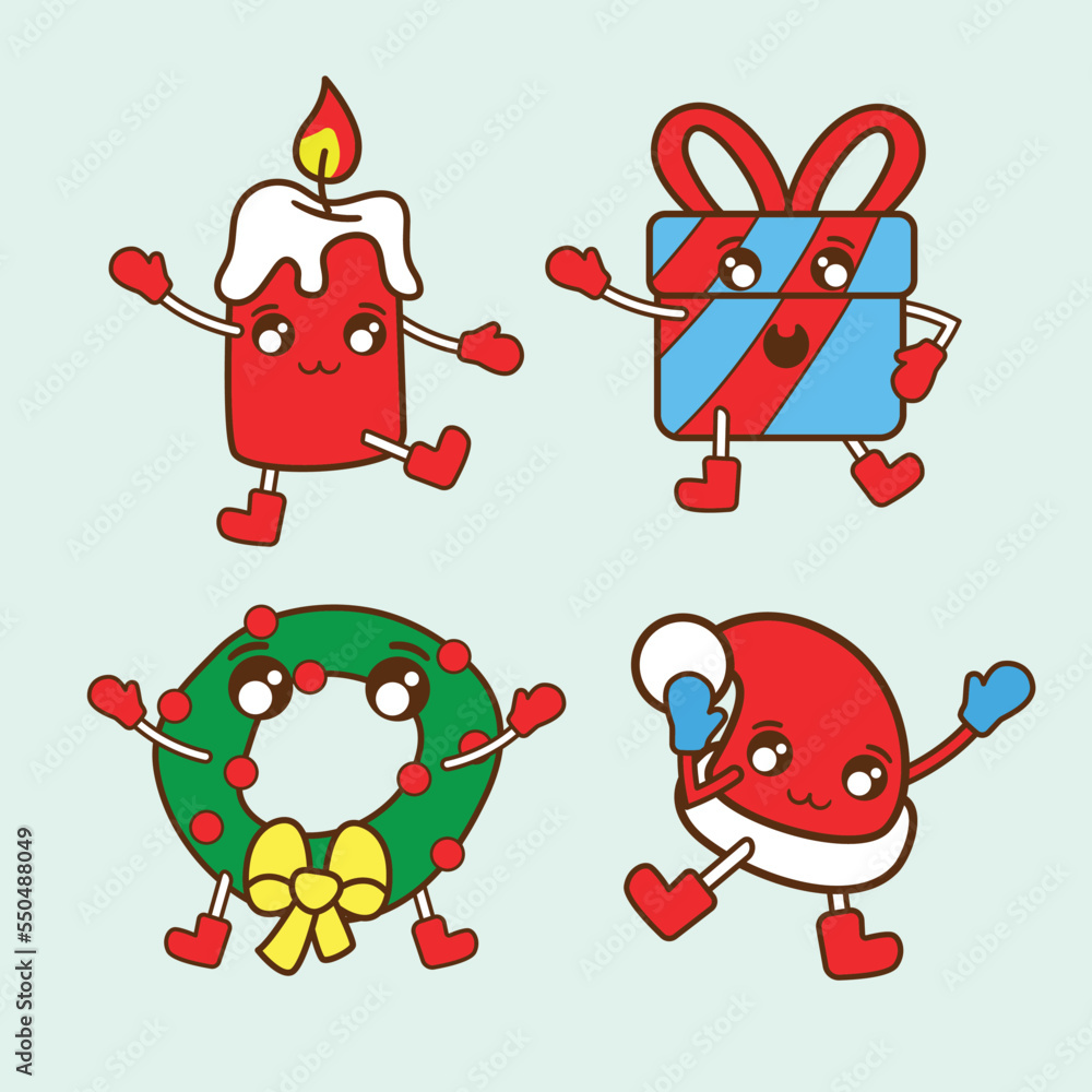Naklejka premium Cute funny retro Christmas decoration mascot collection