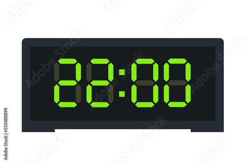 Vector flat illustration of a digital clock displaying 22.00 . Illustration of alarm with led digital number design. Clock icon for hour, watch, alarm signs.