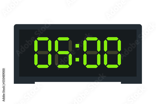 Vector flat illustration of a digital clock displaying 05.00 . Illustration of alarm with led digital number design. Clock icon for hour, watch, alarm signs.
