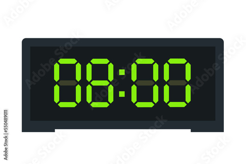 Vector flat illustration of a digital clock displaying 08.00 . Illustration of alarm with led digital number design. Clock icon for hour, watch, alarm signs.