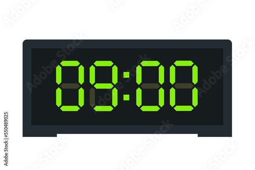 Vector flat illustration of a digital clock displaying 09.00 . Illustration of alarm with led digital number design. Clock icon for hour, watch, alarm signs.