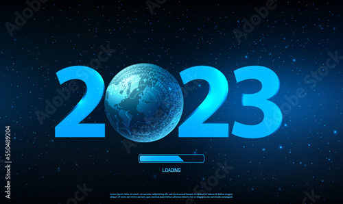2023 Happy New Year digital global futuristic world technology web banner template. Blue hologram of the numbers 2023 with planet earth. 2023 Happy New Year blue loading bar. Vector illustration EPS10