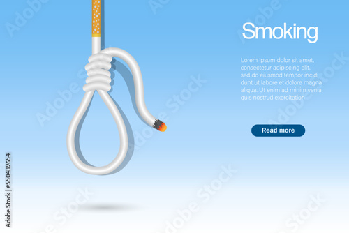 Smoking cigarette hanging noose, symbol of death, commit suicide when smoking. Danger of smoking concept 3D vector.
