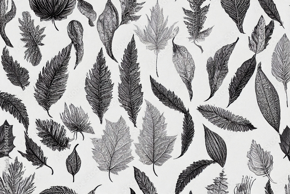 Black and white seamless pattern with leaves on white background illustration Black and white seamless pattern with leaves on white background illustration