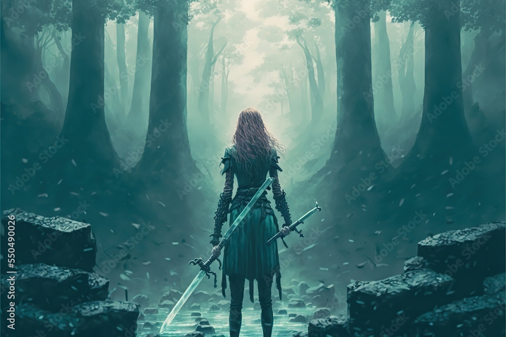 Fantasy warrior girl with a sword near a pond - obrazy, fototapety, plakaty 