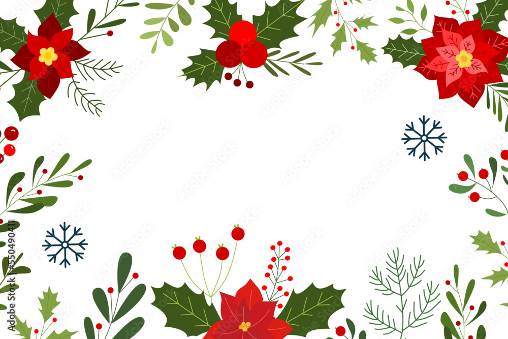 Illustration of berries and flowers for Christmas frame design. Natural backgrounds for posters, copy space and winter celebration cards Illustration of berries and flowers for Christmas frame design. Natural backgrounds for posters, copy space and winter celebration cards