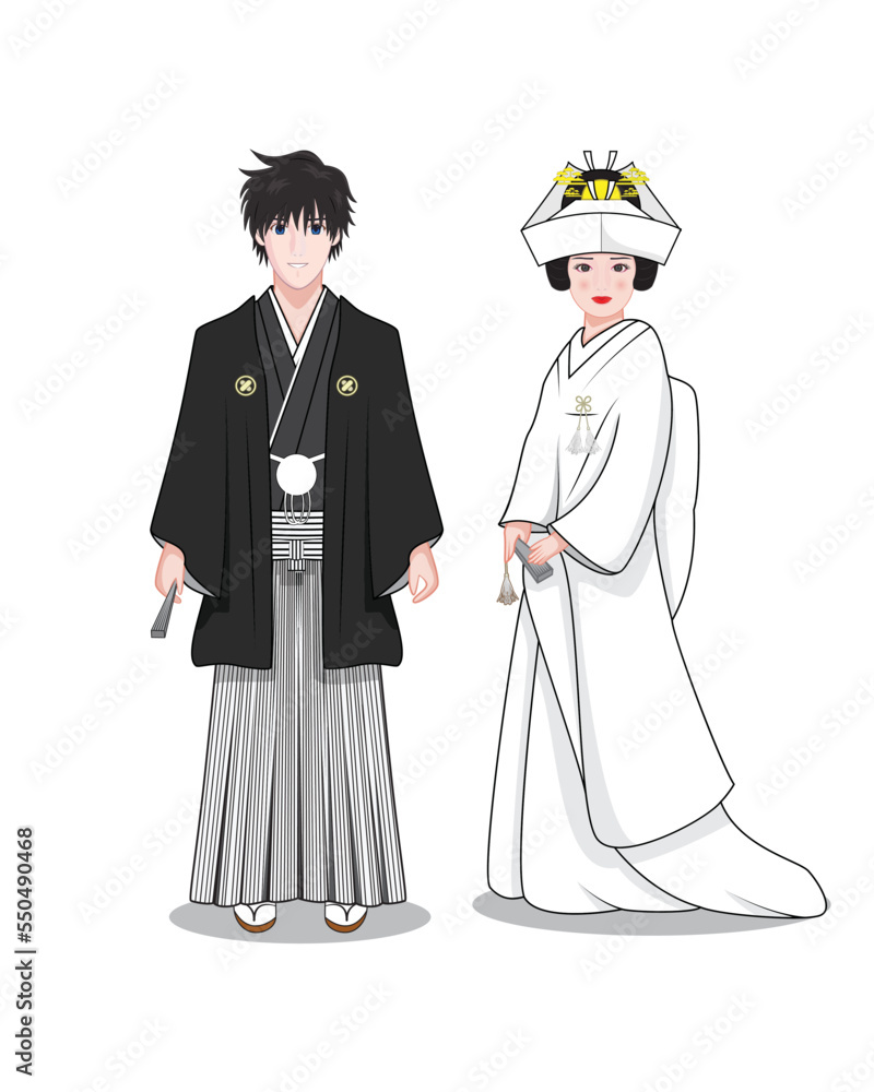 Japanese Shinto wedding with bride and groom stand and dress in formal wedding Kimono and Hakama pant drawing in cartoon vector
