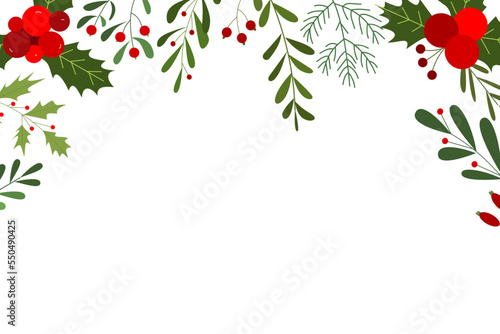 Illustration of berries and flowers for Christmas frame design. Natural backgrounds for posters, copy space and winter celebration cards 