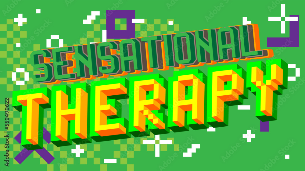 Sensational Therapy. Pixelated word with geometric graphic background. Vector cartoon illustration.