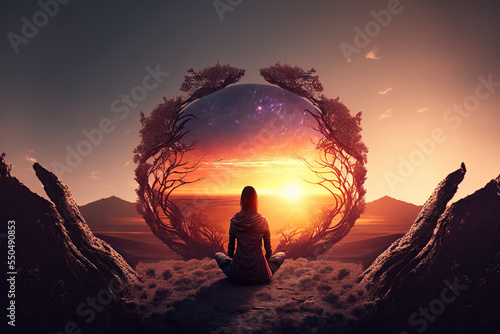 Obraz na płótnie The girl meditates at sunrise in the mountains. Digital artwork