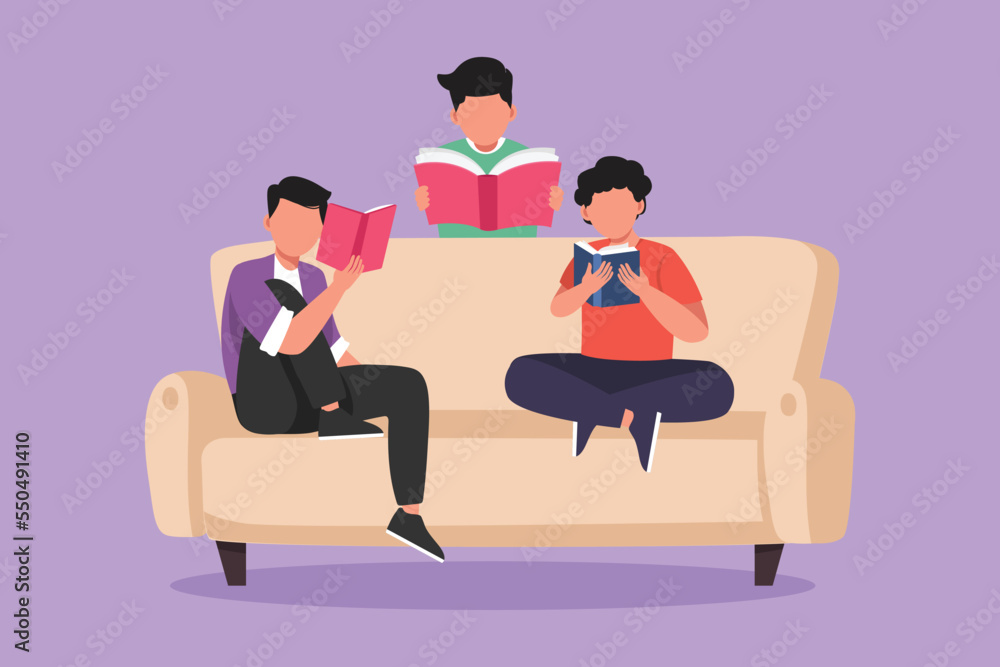 Graphic flat design drawing friendly family reads books together in living room at home. Brothers and children are sitting on couch. Concept of joint family reading. Cartoon style vector illustration Graphic flat design drawing friendly family reads books together in living room at home. Brothers and children are sitting on couch. Concept of joint family reading. Cartoon style vector illustration