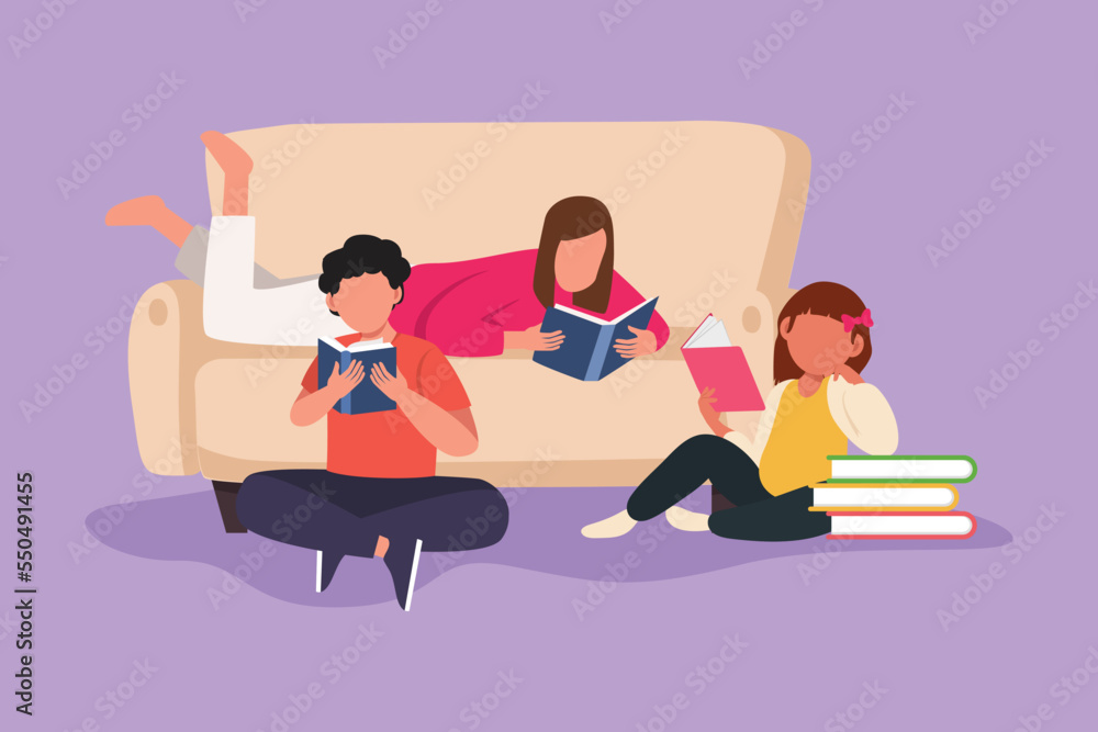 Character flat drawing friendly family reads books together in living room at home. Parents and children are sitting on couch. The concept of joint family reading. Cartoon design vector illustration
