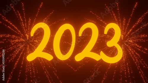 2023 banner is orange in color and has fireworks in the background