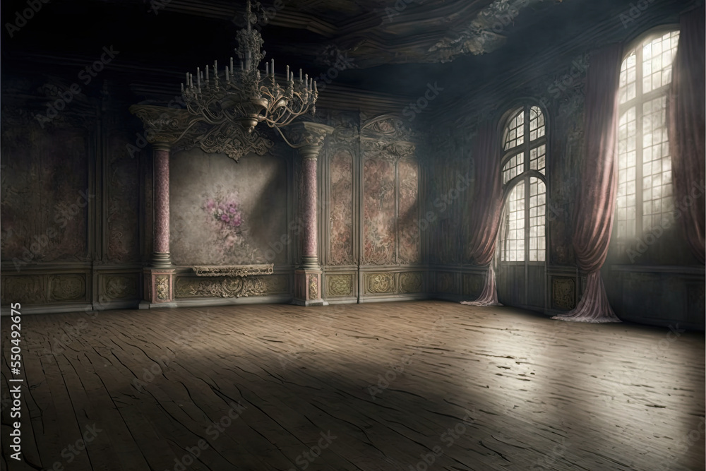 an empty abandoned rococo baroque ballroom generated by AI - obrazy, fototapety, plakaty 