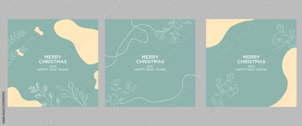 Merry Christmas greeting card. Trendy square Winter Holiday art template. Suitable for social media posts, mobile apps, banner designs and web/internet advertising. Vector fashion background